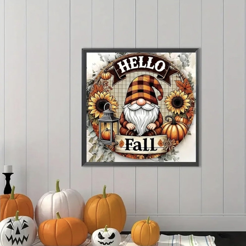Hello Fall Wreath Pumpkins Sunflowers Plaid Gnome 5D Diamond Painting Kit New - Picture 3 of 7